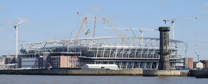 everton bramley moore dock stadium under construction viewed from river mersey