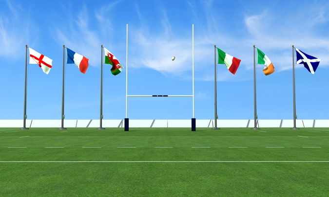 flags of the 6 nations next to rugby goal