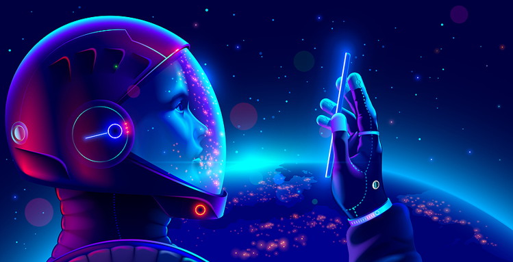 float in space suit above earth with a smart phone concept