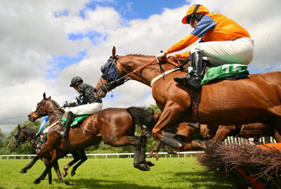 horses jumping over fences