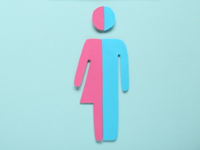 man woman signs spliced together half blue half pink